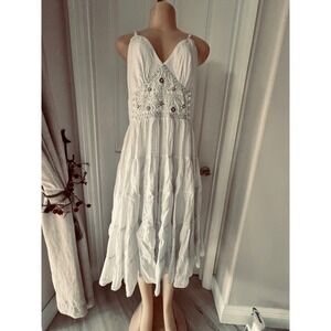 ECI New York Ivory Boho Embroidered Maxi Dress Empire Waist Festival